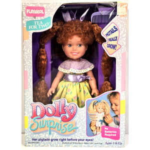 Vintage 1989 Playskool Dolly Surprise TEA FOR TWO Doll Pigtails Growing Hair NOS